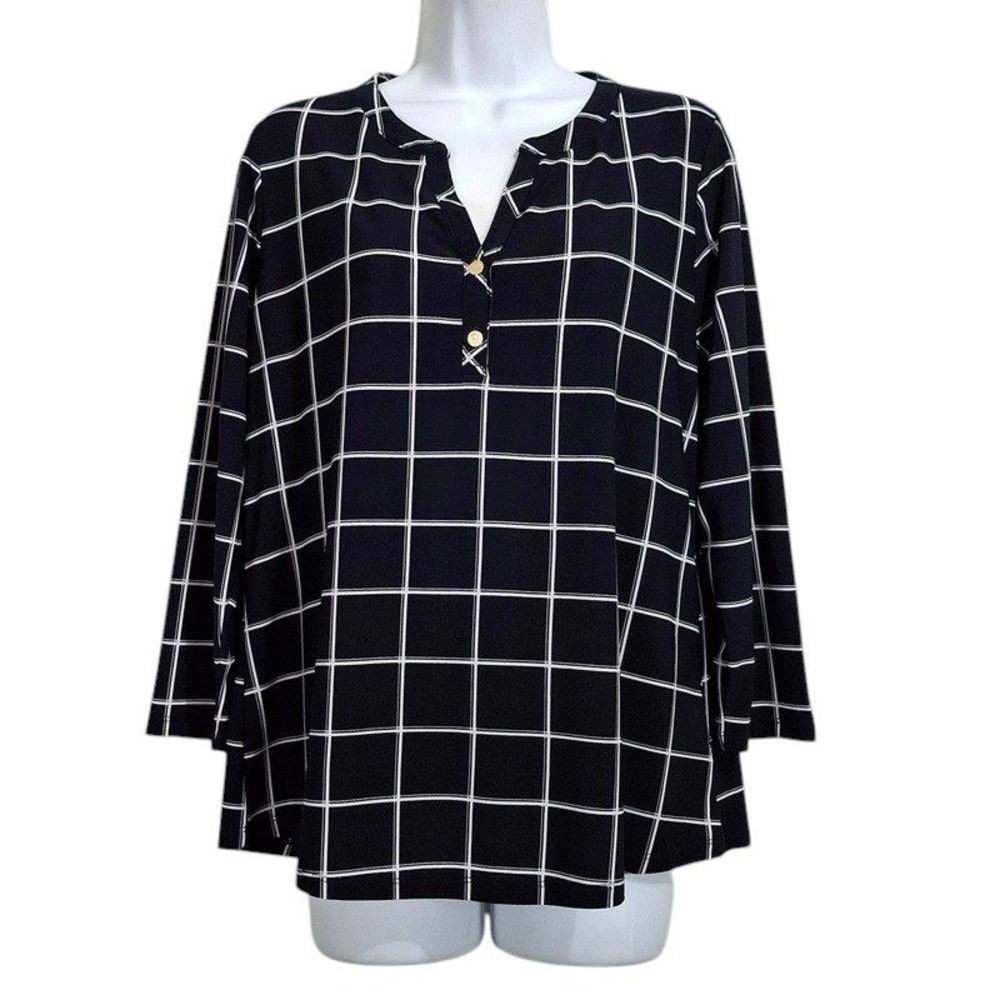 Anne Klein Top Medium Navy Blue Windowpane‎ Grid Split Neck Blouse Office Career